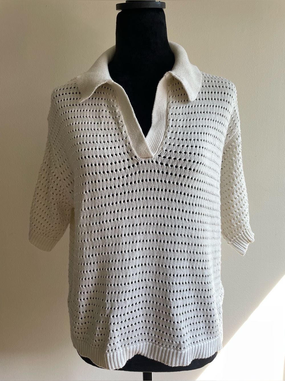 Kaffe Open Knit Polo Sweater Cream Short Sleeve Cotton Blend M